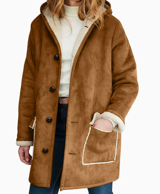 Retro Suede Hooded Coat with Pockets – Loose Fit Sweater for Autumn and Winter