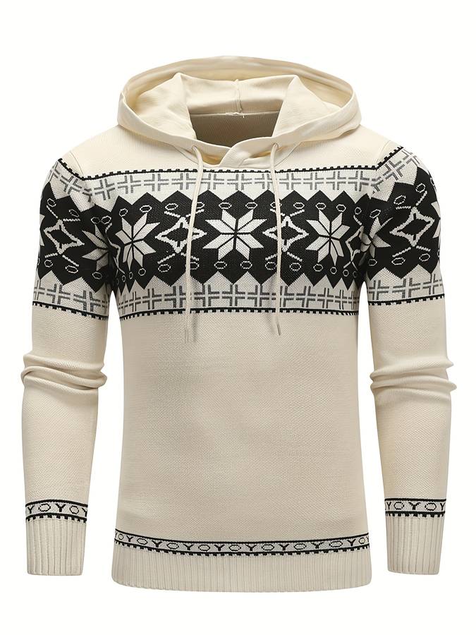 Men's knit pullover hoodie with nordic pattern