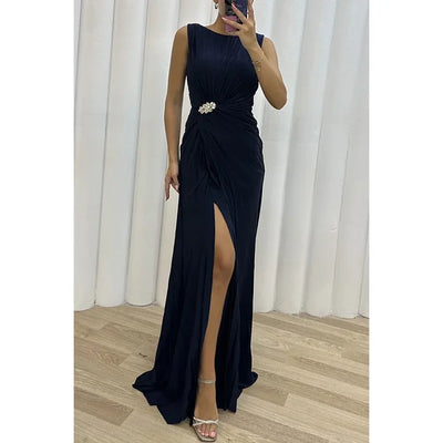 Women's Evening Gown - Sleeveless High Neck - A-Line Silhouette - Ruched Bodice - Thigh Slit