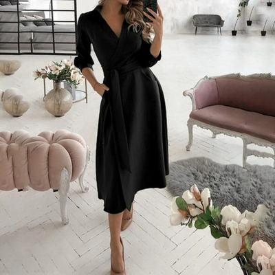 Women's Wrap Midi Dress - V-Neck - Belted Waist - Long Sleeve Elegant Fit