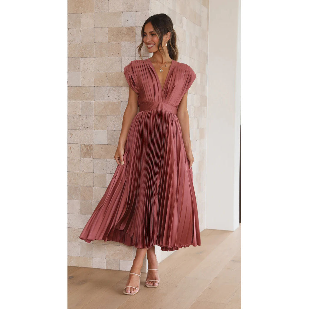 Women's Midi Dress - Deep V-Neck - Pleated Design - Cap Sleeves - Elegant Fit