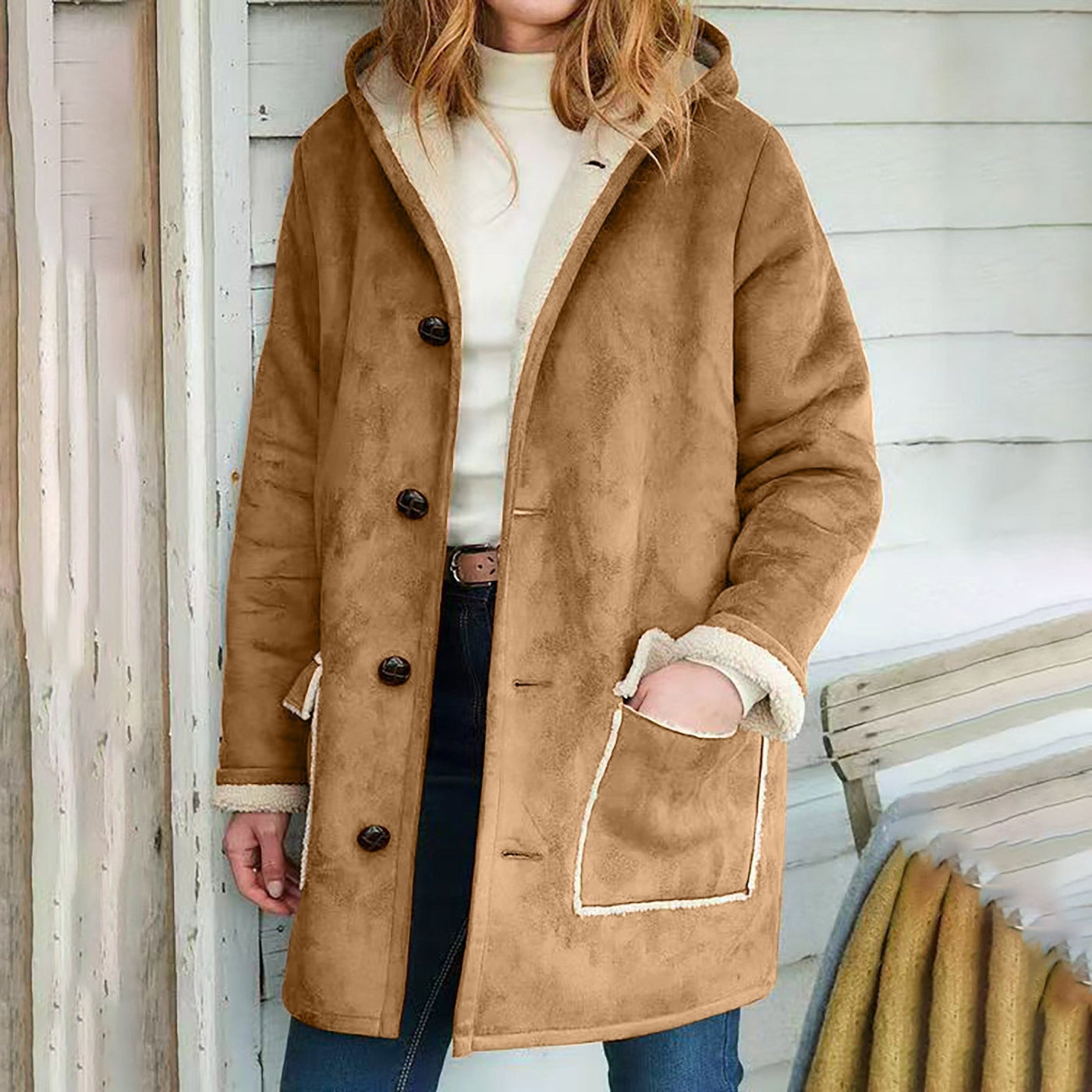 Retro Suede Hooded Coat with Pockets – Loose Fit Sweater for Autumn and Winter