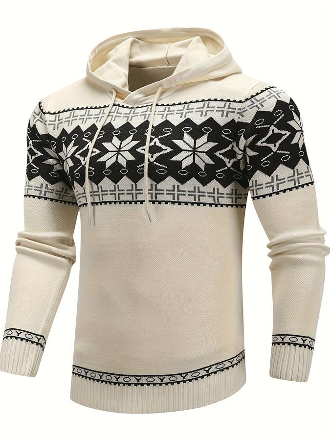Men's knit pullover hoodie with nordic pattern