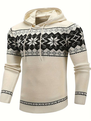 Men's knit pullover hoodie with nordic pattern