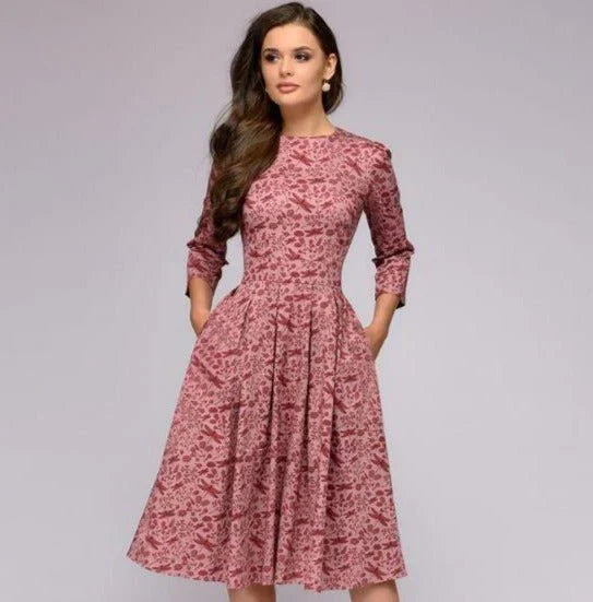 Women's Midi Dress - A-Line Fit-and-Flare - Three-Quarter Sleeves - Floral Print