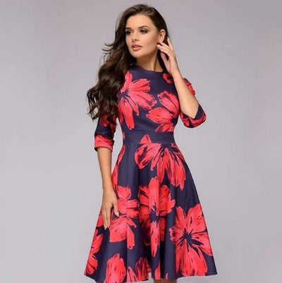 Women's Midi Dress - A-Line Fit-and-Flare - Three-Quarter Sleeves - Floral Print