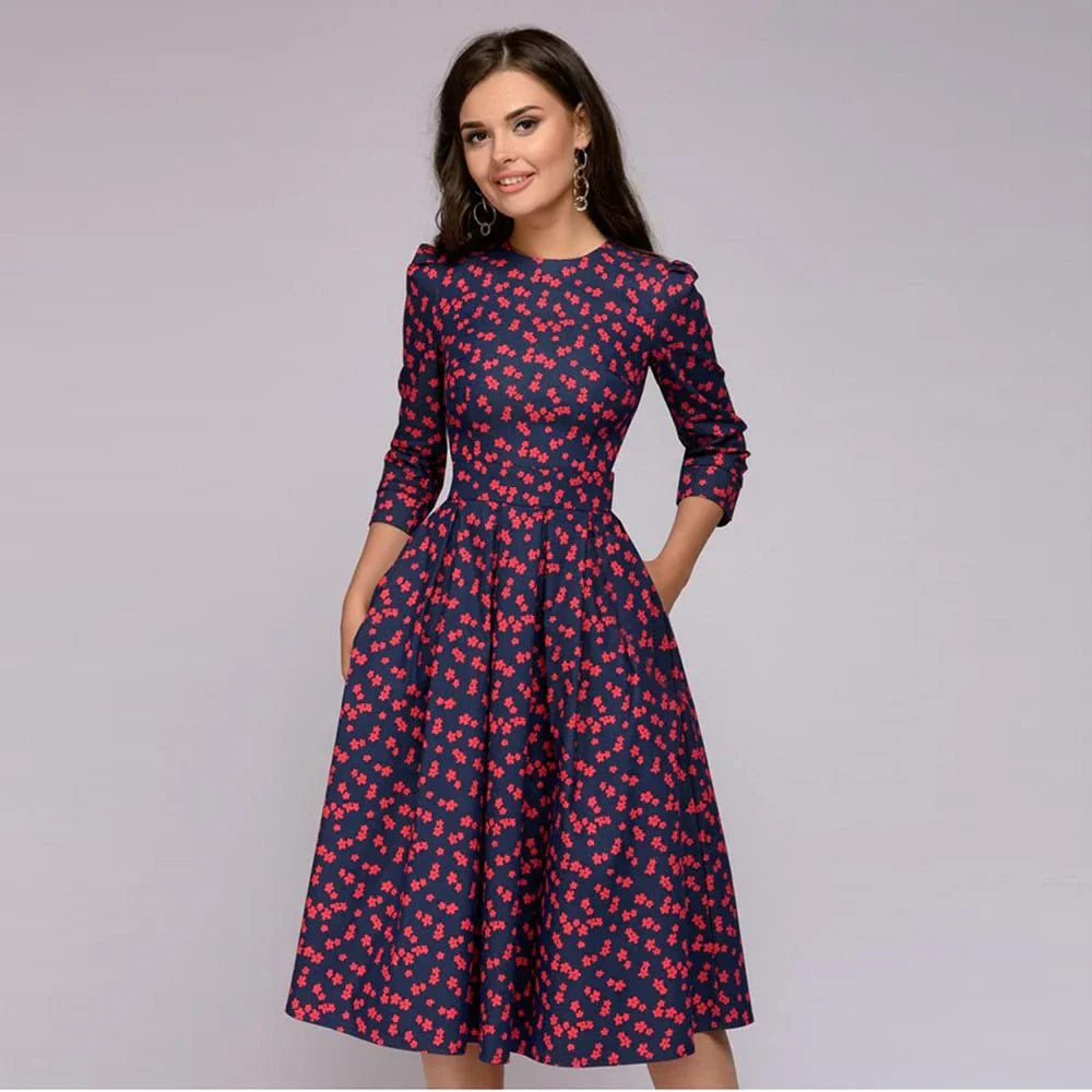 Women's Midi Dress - A-Line Fit-and-Flare - Three-Quarter Sleeves - Floral Print