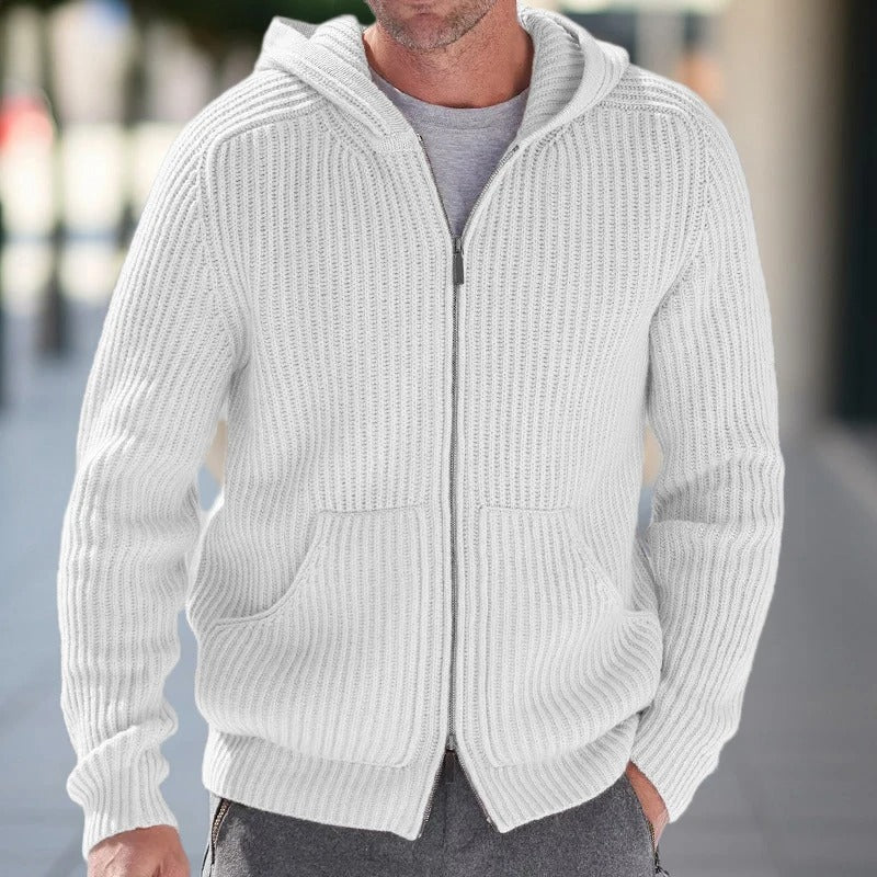 Men's knit hooded zip-up cardigan